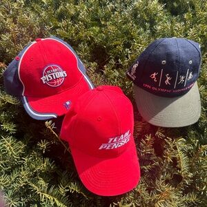 1996 Olympic Games wool blend, Penske Cap and Detroit Pistons Hat strapback lot